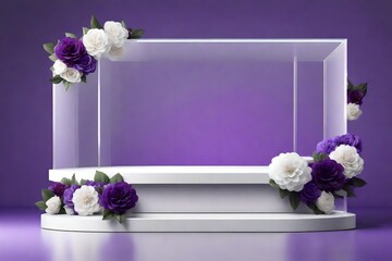 "Contemporary Chic: White and Transparent Podium Adorned with Flowers on a Purple Background – Perfect for Advertising and Presentations