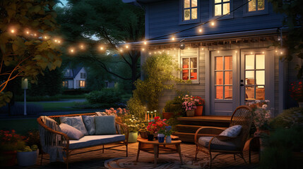 Summer evening on the patio of beautiful suburban house with lights in the garden garden.