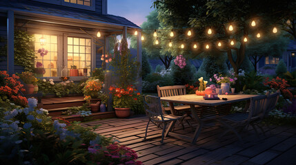 Fototapeta na wymiar Summer evening on the patio of beautiful suburban house with lights in the garden garden.