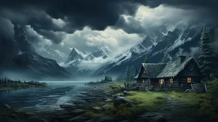 Foto op Canvas Small Cabin Under a Cloudy Sky in the Big Snow Mountains Spectacular Backdrops © Image Lounge