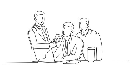 continuous line draw team work giving presentation about increasing product sales to his team at the office. Group meeting concept design vector illustration