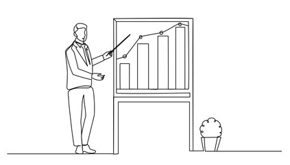 continuous line businessman and businesswoman discussing in the office meeting room. Business meeting and presentation concept one line draw design vector illustration