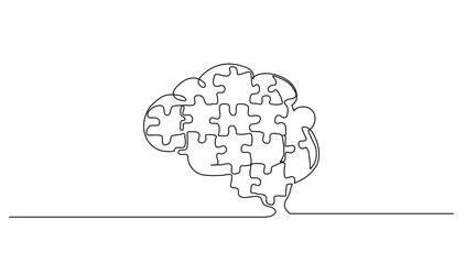 continuous lineart drawing of human brain forming from pieces of puzzles logo identity. Psychological office to find personality icon logotype concept. Continuous line draw design vector