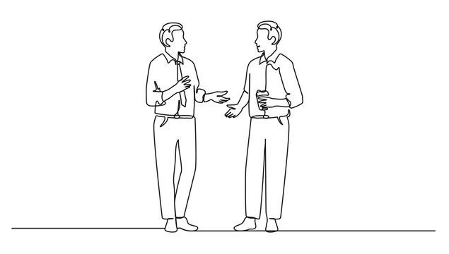 continuous line drawing of two young male workers talking together while office break time. Drinking coffee or tea at workplace concept, vector illustration