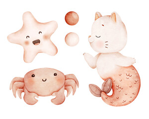 Watercolor baby illustrations set of cat mermaid, starfish, crab and bubbles. Hand drawn children design. Perfect for print, posters, sticers, textile