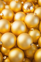 Christmas gold yellow baubles close up. Abstract holiday decor background