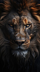 A Big Fierce Male Lion Face Close-Up Selective Focus