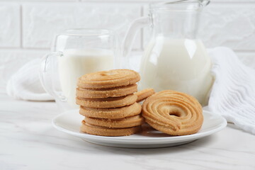 Sweet and tasty round butter cookies. Round ring shaped German spritz biscuits