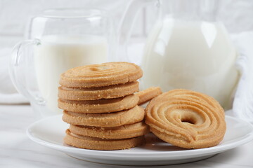 Fototapeta na wymiar Sweet and tasty round butter cookies. Round ring shaped German spritz biscuits
