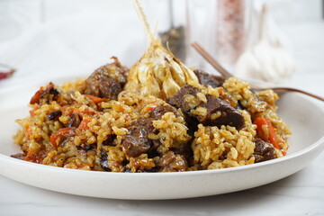 The national Saudi Arabian dish beef kabsa with rice ,western Arabic food , Yemeni food. beef with rice.