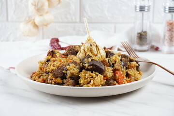 The national Saudi Arabian dish beef kabsa with rice ,western Arabic food , Yemeni food. beef with rice.