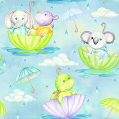 turtle, elephant, rhinoceros, koala,  clouds, umbrellas. Watercolor seamless pattern, in cartoon style, on an isolated background.