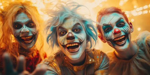 Obraz premium Happy halloween. children in costumes and makeup holiday happy halloween