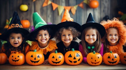 Happy halloween. children in costumes and makeup holiday happy halloween