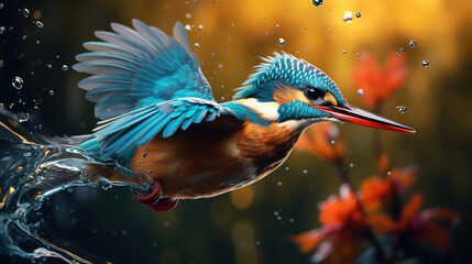 A Colorful Female Kingfisher Bird Emerging From The Lake Water Selective Focus