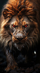 Naklejka premium A Big Fierce Male Lion Face Walking in Forest and Looking At Camera Selective Focus