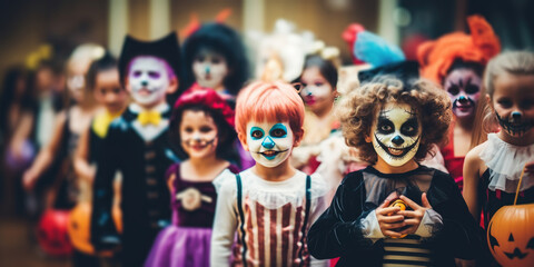 Fototapeta na wymiar Happy halloween. children in costumes and makeup holiday happy halloween