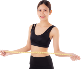 Portrait beautiful young asian woman measure tape with waist for weightloss with satisfied, female in sportswear slimming shape with workout, sport and health care concept.
