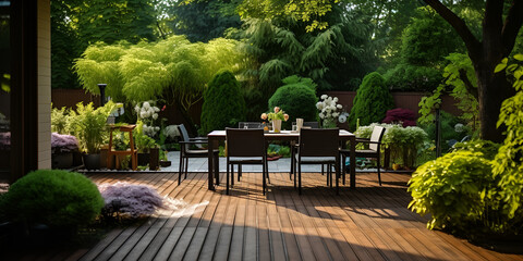Summer outdoor beautiful terrace with a garden armchair, patterned rug, and plants surrounded by trees