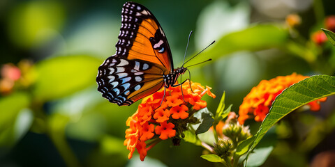 a colorful butterfly that is sitting on an orange flower and  Green Leaves Background