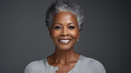 Captivating Portrait of Dark-Skinned Mature Woman with Gray Hair Radiating Grace and Timeless Beauty. Advertising Concept.