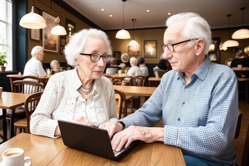 couple of senior man and woman holding laptop smiling while sitting in cafe. Happy, wireless technology, coffee, togetherness, support, assisted living, retirement concept. Generative AI