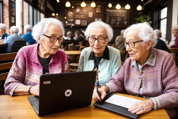 Foto op Plexiglas Multiracial seniors looking at female friend using laptop while sitting in cafe. Curiosity, wireless technology, coffee, togetherness, support, assisted living, retirement concept. Generative AI © useful pictures