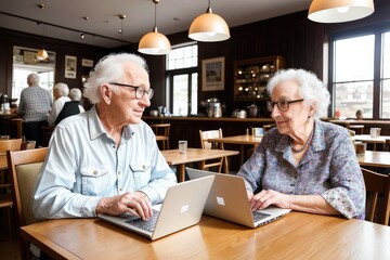 couple of senior man and woman holding laptop smiling while sitting in cafe. Happy, wireless technology, coffee, togetherness, support, assisted living, retirement concept. Generative AI