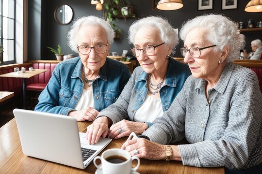 Multiracial seniors looking at female friend using laptop while sitting in cafe. Curiosity, wireless technology, coffee, togetherness, support, assisted living, retirement concept. Generative AI