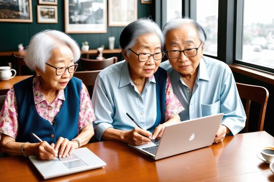 Portrait Of Group Of Elderly Asian Business Man And Woman Sits Near Window And Looking Down To Laptop On Table In The Morning Of The Day, Sunlight, Happy Senior Concept. Generative AI