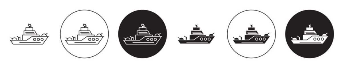 warship icon set. military battleship vector symbol. navy war ship sign in black filled and outlined style.