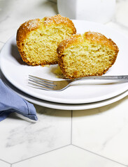 delicious coconut bundt cake on hexagon background