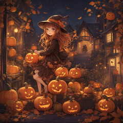 ハロウィン　魔女の女の子とカボチャ