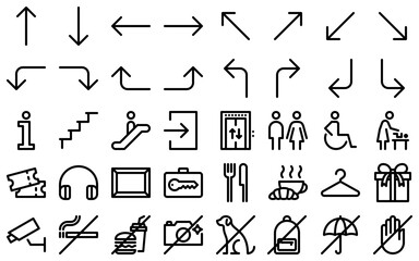 Museum wayfinding line icon set. Ticket office, audio guide, art gallery, gift shop outline symbols. Prohibition pictograms in linear style. Editable stroke. Vector graphics