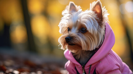 A yorkshire terrier in a pink sweatshirt and sunglasses.