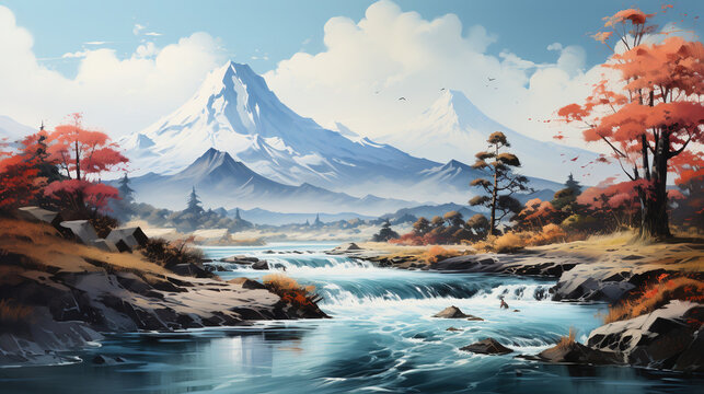 Artwark Painting of Minimal Flowing River and Snow Mountains Under Sky