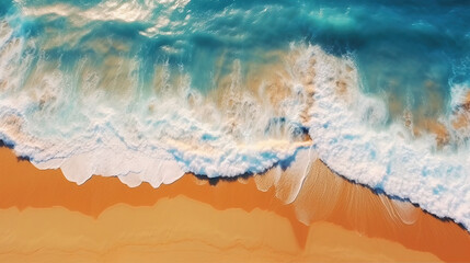 Fototapeta na wymiar Aerial View of Beachscape white Sand Beach Surrounded by Crystal-Clear Turquoise Waves