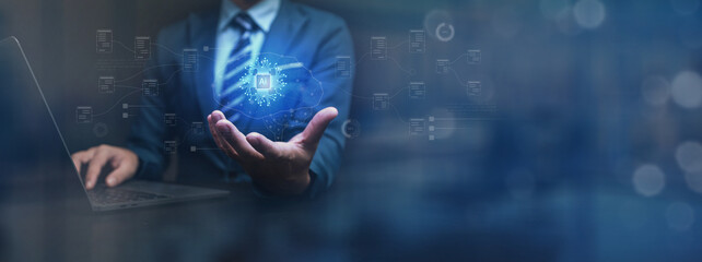 Fototapeta premium Individuals with artificial intelligence brain holograms or AI, business people use AI technology to help manage the organization for maximum efficiency. The concept of using AI in startup companies.