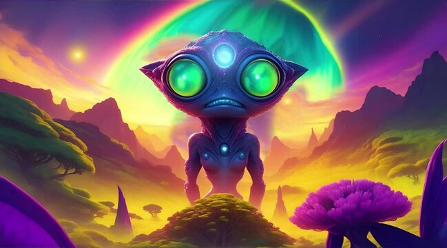 Alien in Yellow Planet animation,psychedelic and DMT journey animation.