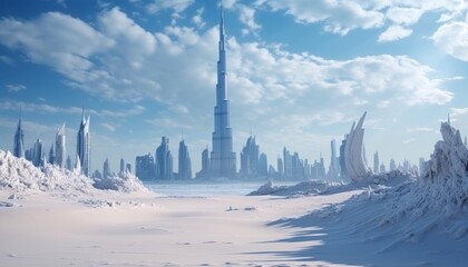 An ice age on a planetary scale, a frozen city of skyscrapers, a consequence of a nuclear war. Created in AI.