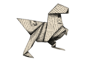 Bleistift Zeichnung von einem dekorativen Origami Dinosaurier aus Zeitung und Papier gebastelt