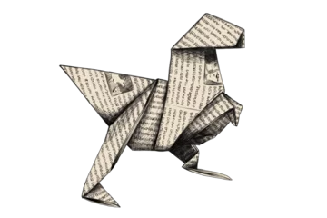 Rucksack Bleistift Zeichnung von einem dekorativen Origami Dinosaurier aus Zeitung und Papier gebastelt © Mirabu
