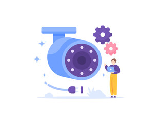 CCTV installation services. CCTV Technician. security and protection system. Security camera repair, installation and maintenance services. monitoring and supervision. Illustration concept design