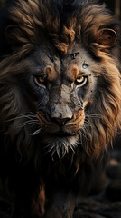 A Big Fierce Male Lion Face Walking in Forest and Looking At Camera Selective Focus