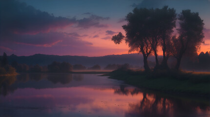 Fototapeta premium sunrise over the lake Landscapes with Evening Light