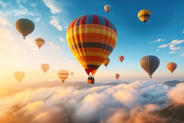 Fototapeta premium Colorful hot air balloons flying on sky, hot air balloons, Generative Ai illustration