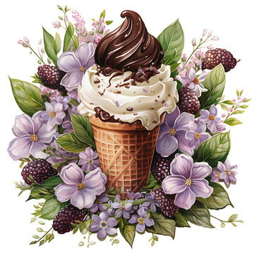 Ice cream in waffle cone with flowers and leaves Watercolor Sublimation