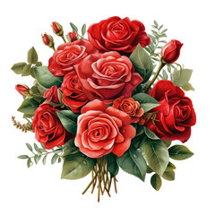 Red flower bouquet isolated on transparent background for invitations, greeting, wedding card, valentine's day gift