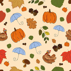 Autumn, Seamless pattern, Vector, Leaves in autumn colors, chicken, acorns, pumpkin, mushrooms, autumn background, print