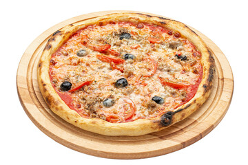 Delicious pizza served on wooden plate isolated on white background. File contains clipping path.